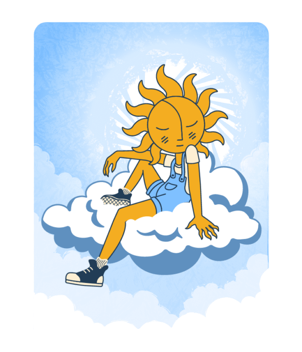 Sunny Girl Illustration illustration of sun girl sitting on cloud with a blue sky behind her