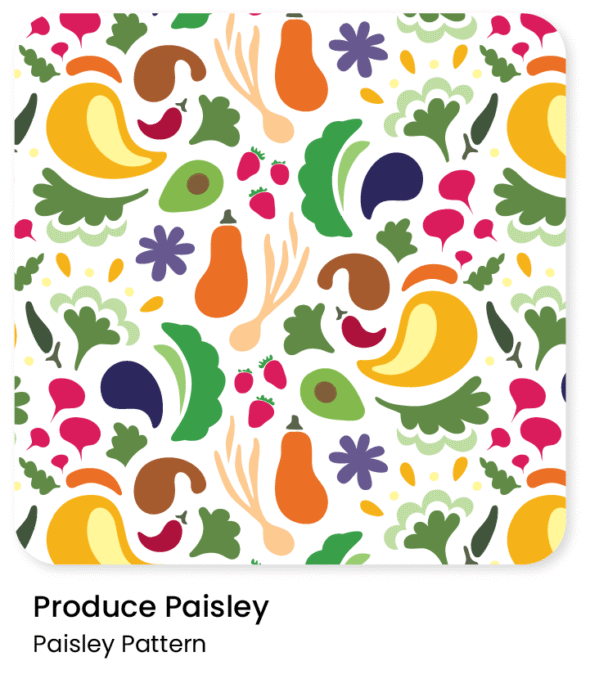Produce Paisley Pattern pattern swatch of a paisley pattern consisting of simplified vegetable shapes titled produce paisley